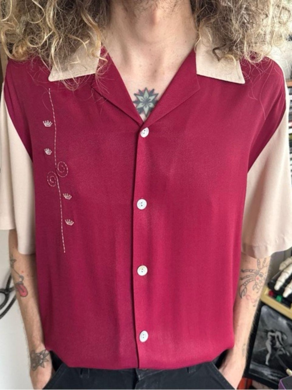 50s Da Vinci Repro Two Tone Rayon S/S Button Down ~ Size Medium